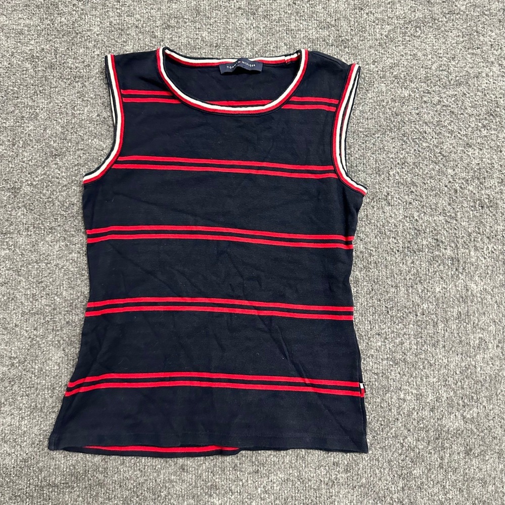 Tommy Hilfiger Tank Top Womens S Navy Blue Red Striped Cotton Shell Sleeveless